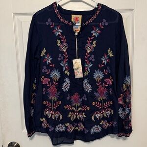 Johnny Was Navy Blouse with Colorful Embroidery